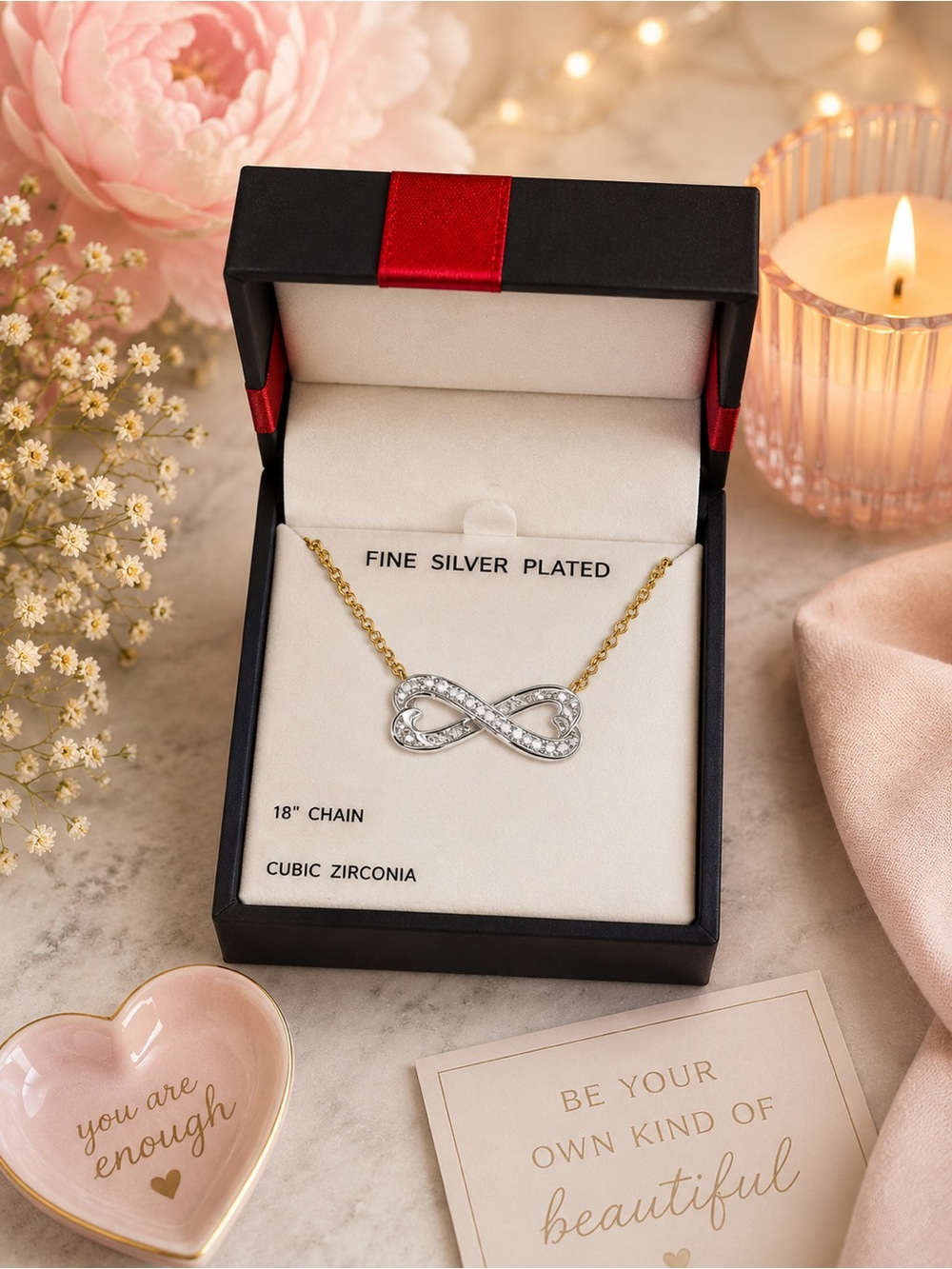 Fine Silver Plated Infinity Necklace with Cubic Zirconia -